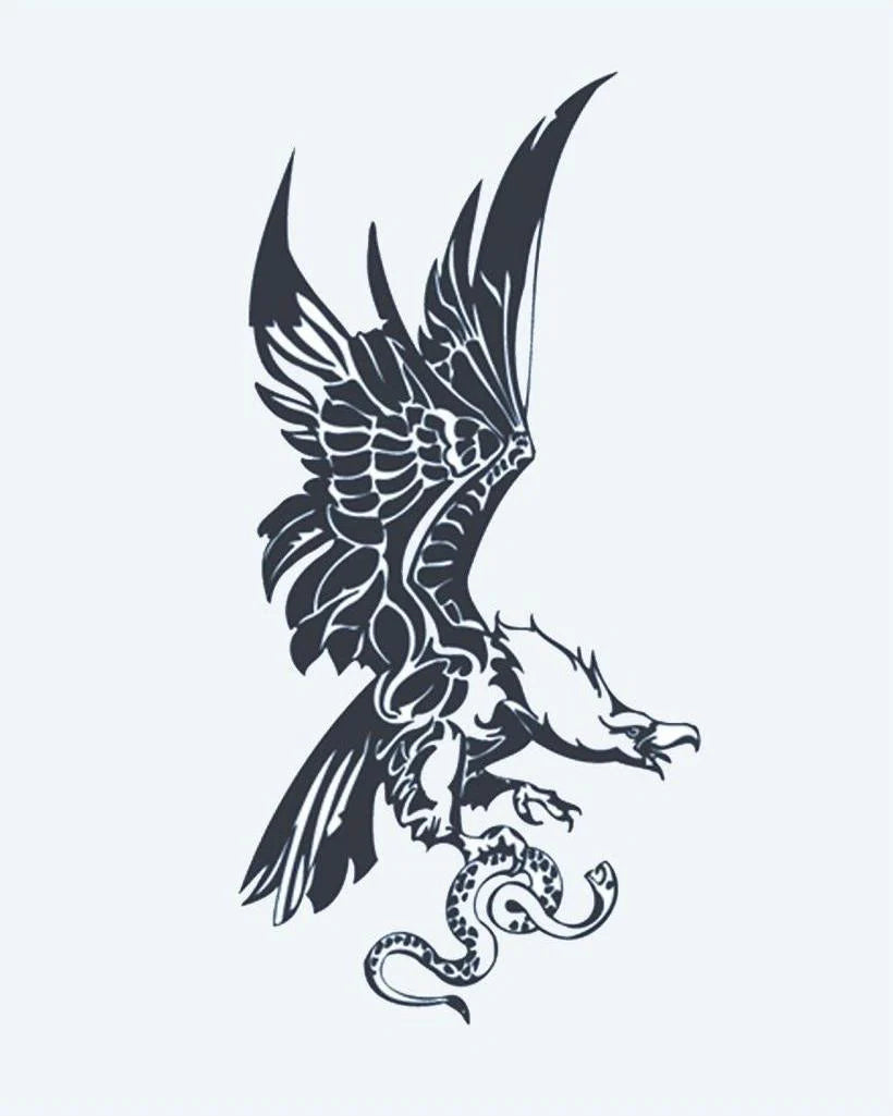 Tatuaje semi-permanente Águila y Serpiente diseño de INKON – ilustración de águila, en picada, abajo, atrapar, serpiente, 4 x 7 in (10x17cm), disponible en inkon.co