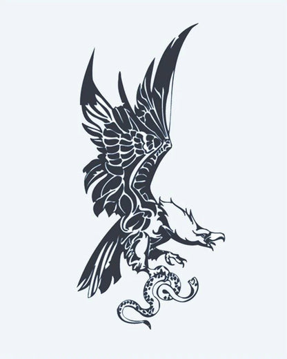 Tatuaje semi-permanente Águila y Serpiente diseño de INKON – ilustración de águila, en picada, abajo, atrapar, serpiente, 4 x 7 in (10x17cm), disponible en inkon.co