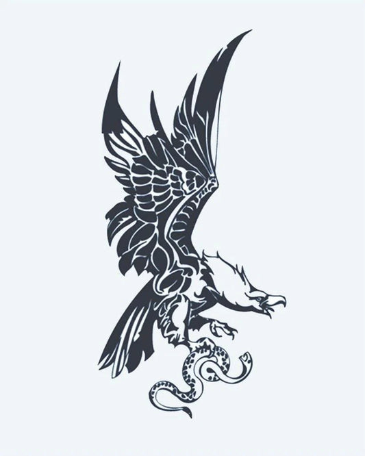 Tatuaje semi-permanente Águila y Serpiente diseño de INKON – ilustración de águila, en picada, abajo, atrapar, serpiente, 4 x 7 in (10x17cm), disponible en inkon.co