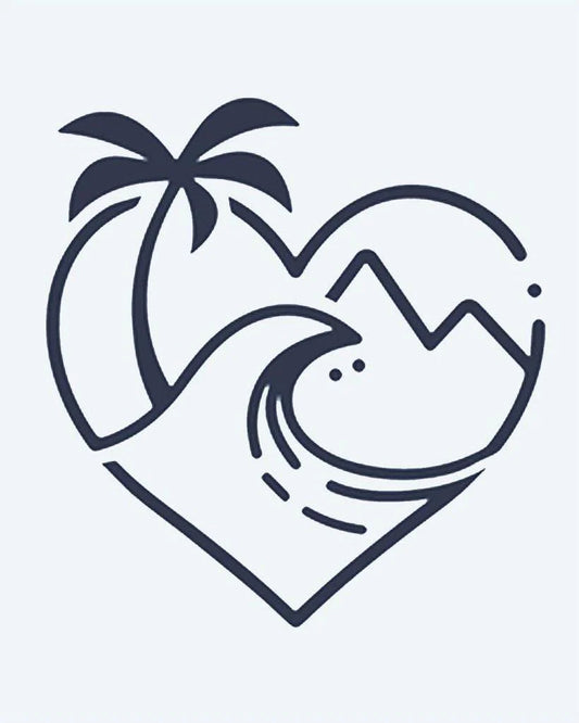 Tatuaje semi-permanente Corazón de Playa diseño de INKON – ilustración de corazón, con forma, escena, palma, árbol, 2 x 2 in (5x5cm), disponible en inkon.co