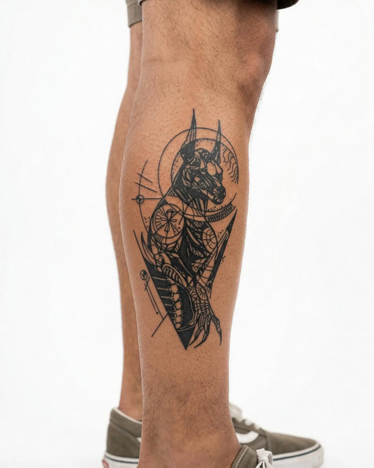 INKON Anubis Geométrico tatuaje semi-permanente aplicado en un hombre – diseño de 4 x 7 in (10x17cm), apariencia de tinta realista, dura 10 días