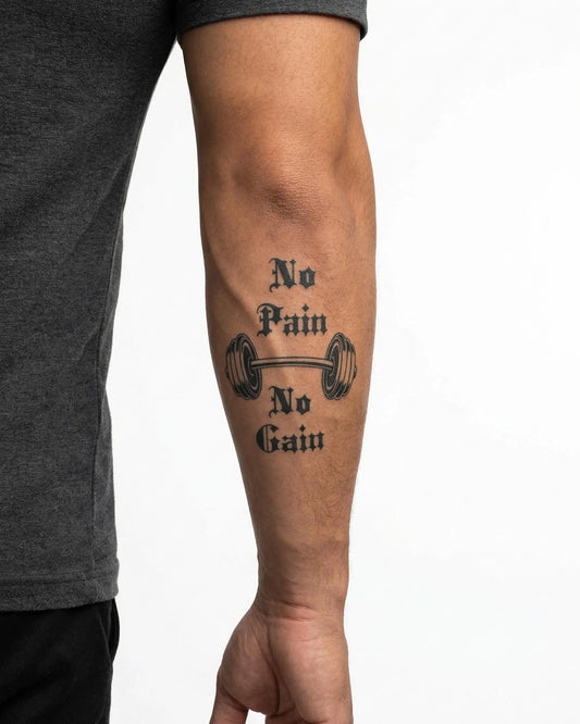 INKON No Pain No Gain tatuaje semi-permanente aplicado en un hombre – diseño de 3 x 4 in (6x11cm), apariencia de tinta realista, dura 10 días