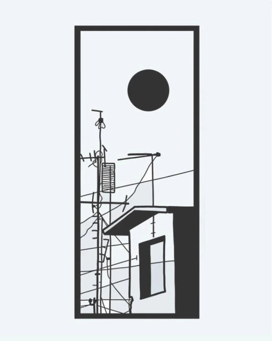 Tatuaje semi-permanente Escena de Azotea Urbana diseño de INKON – ilustración de minimalista, ciudad, azotea, antenas, poder, 3 x 4 in (6x11cm), disponible en inkon.co