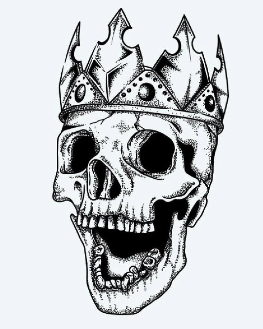 Tatuaje semi-permanente Calavera Coronada diseño de INKON – ilustración de humano, calavera, usando, enjoyado, corona, 4 x 7 in (10x17cm), disponible en inkon.co