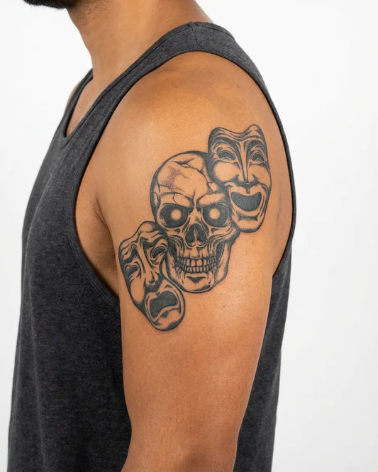 INKON Calavera y Máscaras del Drama tatuaje semi-permanente aplicado en un hombre – diseño de 4 x 7 in (10x17cm), apariencia de tinta realista, dura 10 días