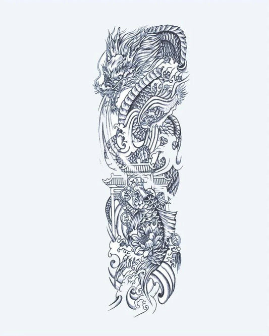 Tatuaje semi-permanente Dragón y Pez Koi diseño de INKON – ilustración de majestuoso, japonés, completo, manga, dragón, 8 x 20 in (20x50cm), disponible en inkon.co