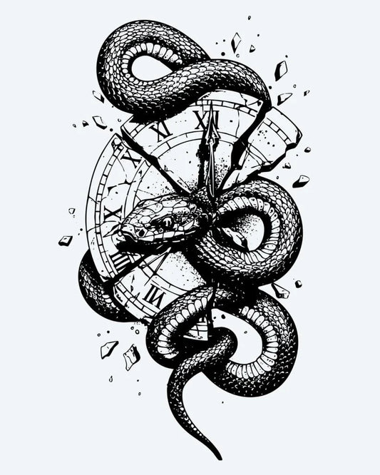 Tatuaje semi-permanente Serpiente y Reloj Roto diseño de INKON – ilustración de serpiente, enrollado, rompiendo, romano, número, 4 x 7 in (10x17cm), disponible en inkon.co