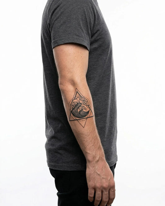 INKON Ola Geométrica tatuaje semi-permanente aplicado en un hombre – diseño de 3 x 4 in (7x10cm), apariencia de tinta realista, dura 10 días