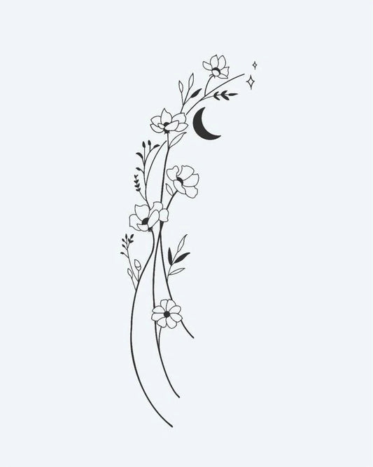 Tatuaje semi-permanente Enredadera Floral y Luna diseño de INKON – ilustración de delicado, fino, línea, fluido, enredadera, 3 x 4 in (6x11cm), disponible en inkon.co