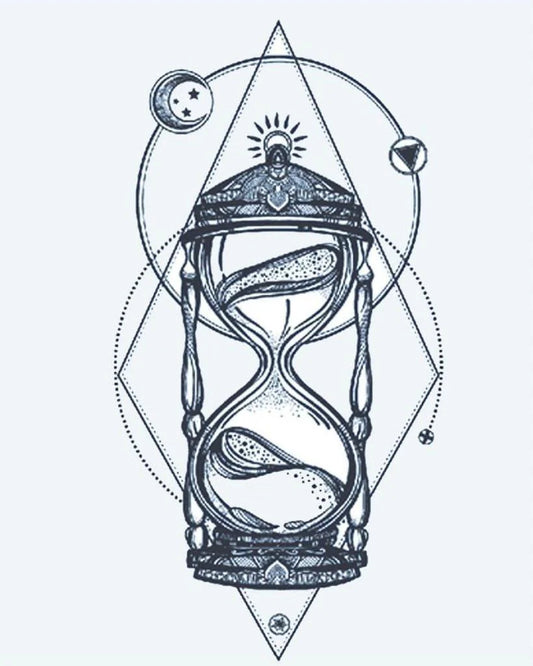 Tatuaje semi-permanente Reloj de Arena Cósmico diseño de INKON – ilustración de ornamentado, reloj de arena, enmarcado, geométrico, formas, 4 x 7 in (10x17cm), disponible en inkon.co