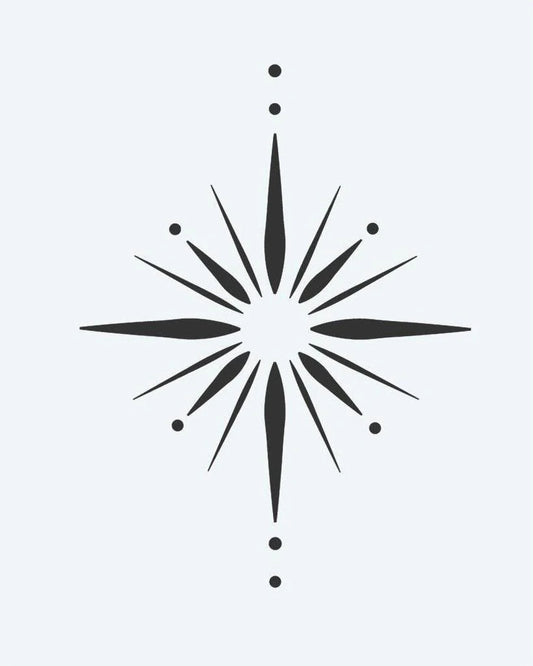 Tatuaje semi-permanente Estrella Radiante diseño de INKON – ilustración de geométrico, estallido de estrella, alternando, lleno, fino, 2 x 2 in (5x5cm), disponible en inkon.co