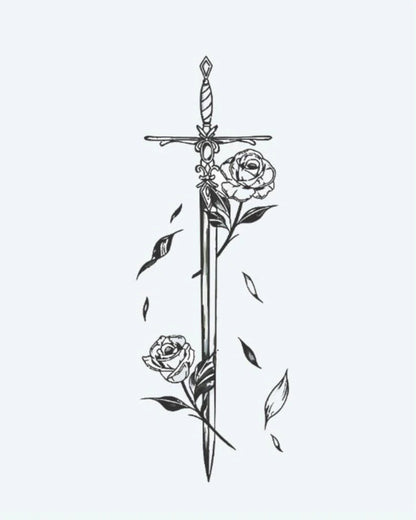 Tatuaje semi-permanente Espada y Rosas diseño de INKON – ilustración de espada, adornado, delicado, rosas, cayendo, 4 x 7 in (10x17cm), disponible en inkon.co