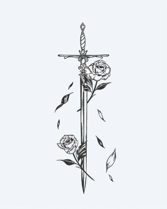 Tatuaje semi-permanente Espada y Rosas diseño de INKON – ilustración de espada, adornado, delicado, rosas, cayendo, 4 x 7 in (10x17cm), disponible en inkon.co