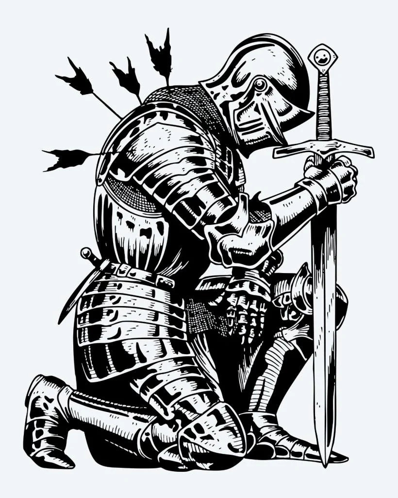 Tatuaje semi-permanente Caballero Caído diseño de INKON – ilustración de arrodillado, medieval, caballero, completo, armadura, 4 x 7 in (10x17cm), disponible en inkon.co