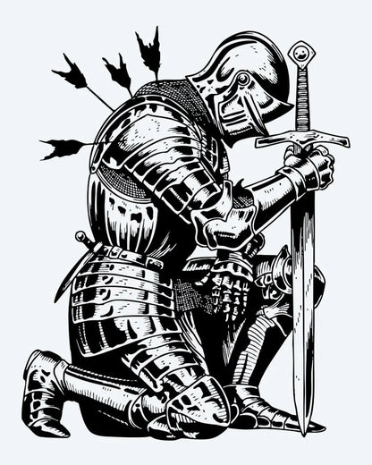 Tatuaje semi-permanente Caballero Caído diseño de INKON – ilustración de arrodillado, medieval, caballero, completo, armadura, 4 x 7 in (10x17cm), disponible en inkon.co