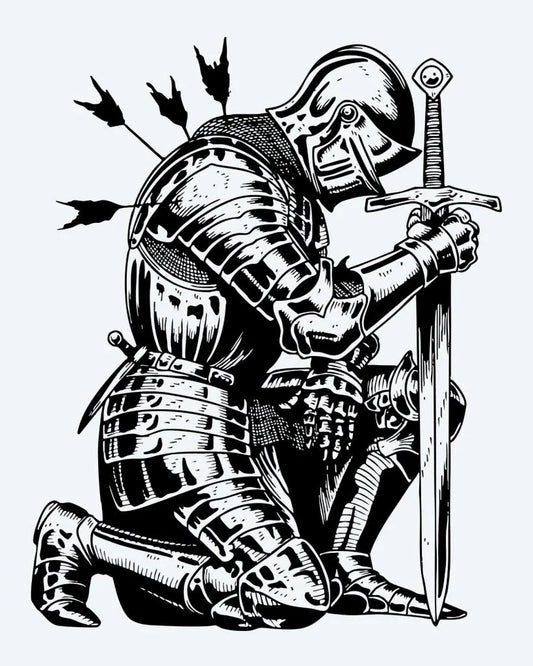 Tatuaje semi-permanente Caballero Caído diseño de INKON – ilustración de arrodillado, medieval, caballero, completo, armadura, 4 x 7 in (10x17cm), disponible en inkon.co