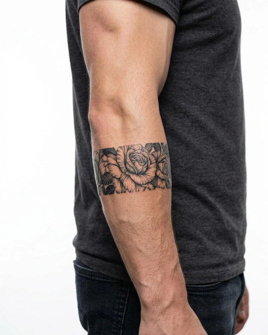 INKON Brazalete Jardín de Rosas tatuaje semi-permanente aplicado en un hombre – diseño de 2 x 9 in (5x23cm), apariencia de tinta realista, dura 10 días