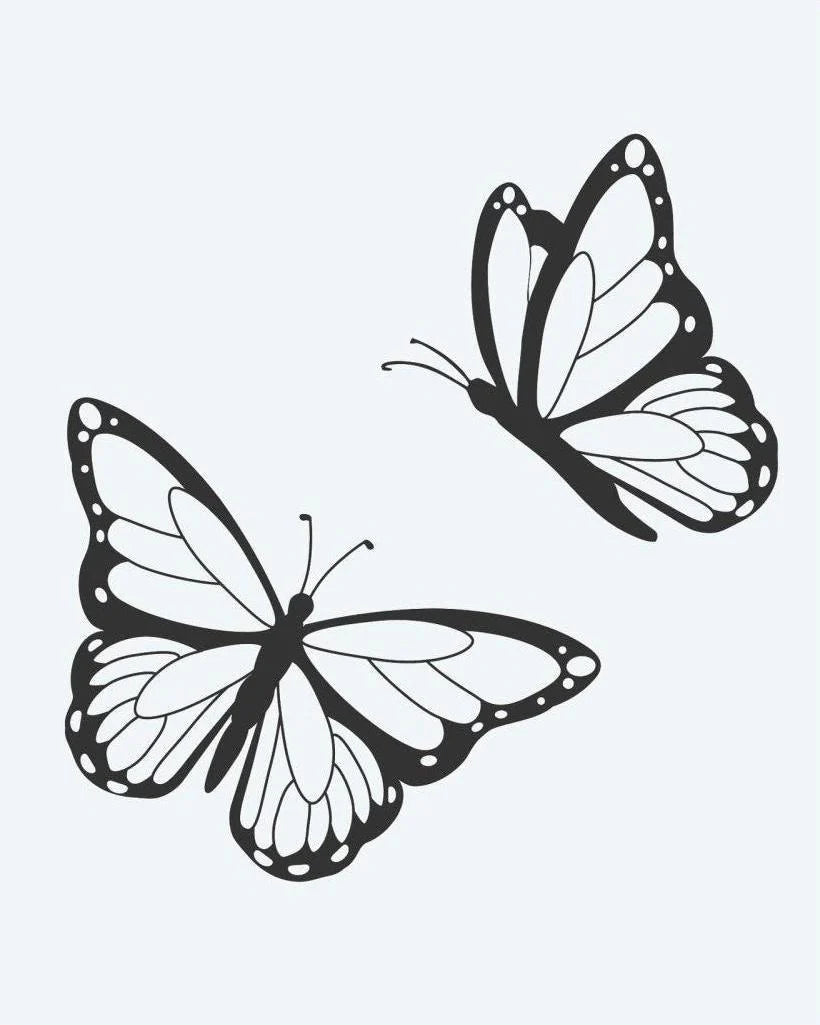 Tatuaje semi-permanente Par de Mariposas diseño de INKON – ilustración de monarca, mariposas, vuelo, ala, patrones, 2 x 2 in (5x5cm), disponible en inkon.co