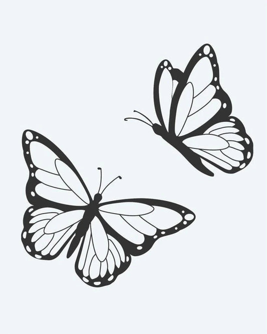 Tatuaje semi-permanente Par de Mariposas diseño de INKON – ilustración de monarca, mariposas, vuelo, ala, patrones, 2 x 2 in (5x5cm), disponible en inkon.co