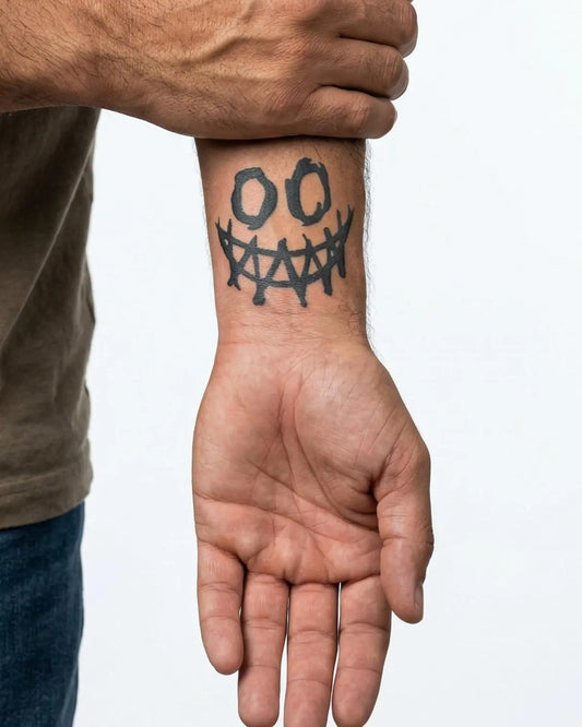 INKON Sonrisa Siniestra tatuaje semi-permanente aplicado en un hombre – diseño de 2 x 2 in (5x5cm), apariencia de tinta realista, dura 10 días