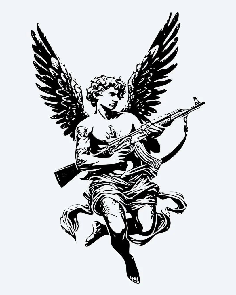 Tatuaje semi-permanente Querubín Armado diseño de INKON – ilustración de alado, querubín, ángel, empuñando, rifle, 4 x 7 in (10x17cm), disponible en inkon.co