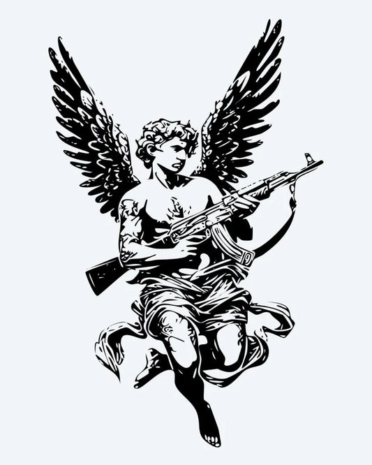 Tatuaje semi-permanente Querubín Armado diseño de INKON – ilustración de alado, querubín, ángel, empuñando, rifle, 4 x 7 in (10x17cm), disponible en inkon.co