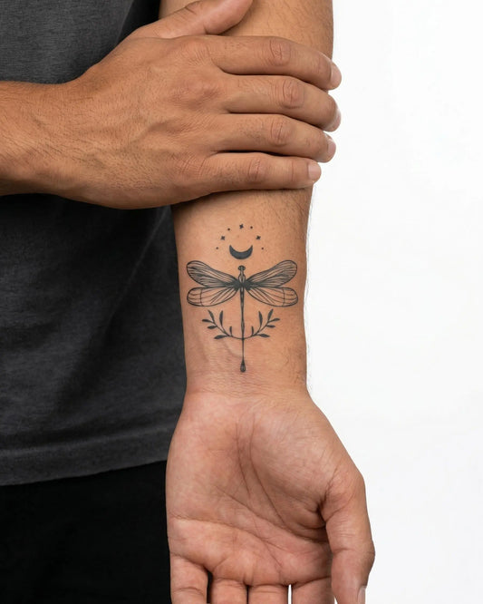 INKON Libélula Celestial tatuaje semi-permanente aplicado en un hombre – diseño de 3 x 4 in (6x11cm), apariencia de tinta realista, dura 10 días