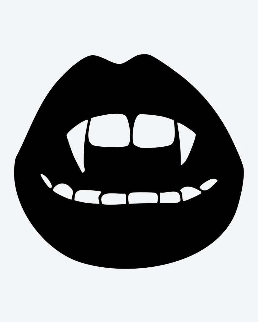 Tatuaje semi-permanente Labios de Vampiro diseño de INKON – ilustración de abierto, labios, revelando, afilado, vampiro, 2 x 2 in (5x5cm), disponible en inkon.co