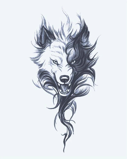 Tatuaje semi-permanente Lobo Feroz diseño de INKON – ilustración de gruñendo, lobo, cabeza, salvaje, fluido, 4 x 7 in (10x17cm), disponible en inkon.co