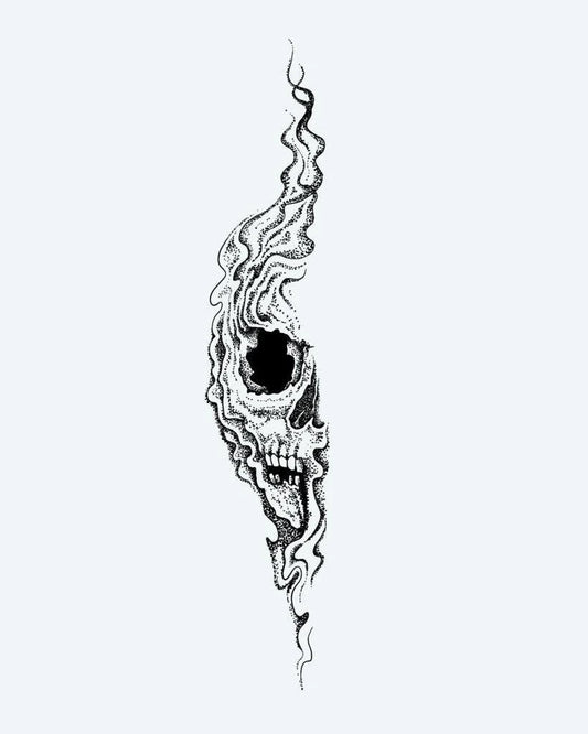 Tatuaje semi-permanente Calavera de Humo diseño de INKON – ilustración de inquietante, gritando, calavera, disolviéndose, hilos, 8 x 20 in (20x50cm), disponible en inkon.co