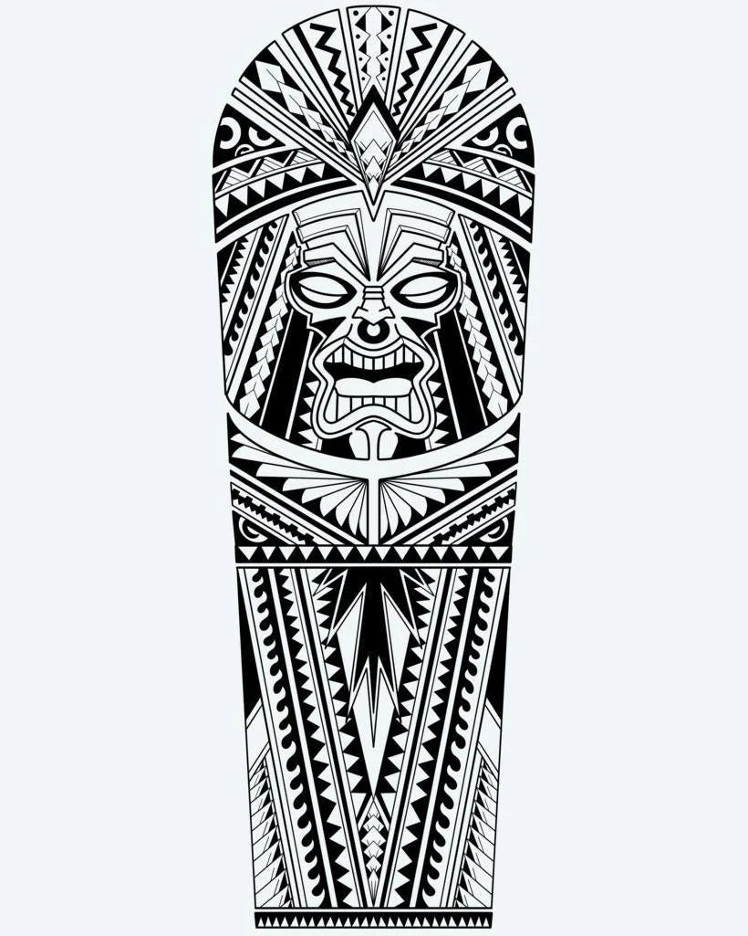 Tatuaje semi-permanente Guerrero Tiki Polinesio diseño de INKON – ilustración de imponente, polinesio, tiki, guerrero, máscara, 8 x 20 in (20x50cm), disponible en inkon.co