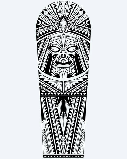 Tatuaje semi-permanente Guerrero Tiki Polinesio diseño de INKON – ilustración de imponente, polinesio, tiki, guerrero, máscara, 8 x 20 in (20x50cm), disponible en inkon.co
