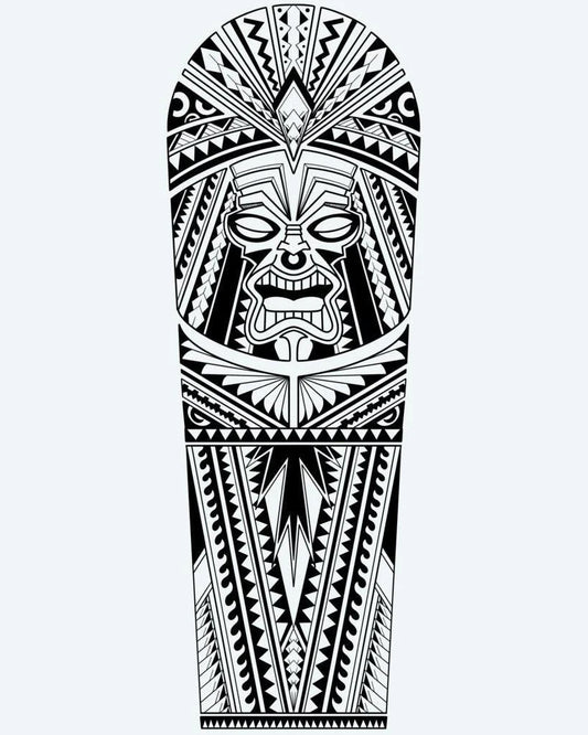 Tatuaje semi-permanente Guerrero Tiki Polinesio diseño de INKON – ilustración de imponente, polinesio, tiki, guerrero, máscara, 8 x 20 in (20x50cm), disponible en inkon.co