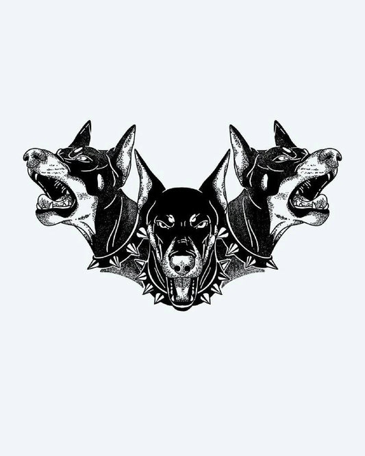 Tatuaje semi-permanente Cerbero Triple Doberman diseño de INKON – ilustración de tres, gruñendo, dóberman, cabezas, mítico, 4 x 4 in (9x9cm), disponible en inkon.co
