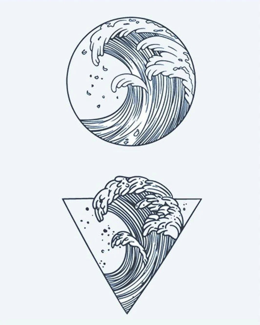 Tatuaje semi-permanente Olas del Océano diseño de INKON – ilustración de japonés, océano, olas, encerrado, círculo, 4 x 7 in (10x17cm), disponible en inkon.co