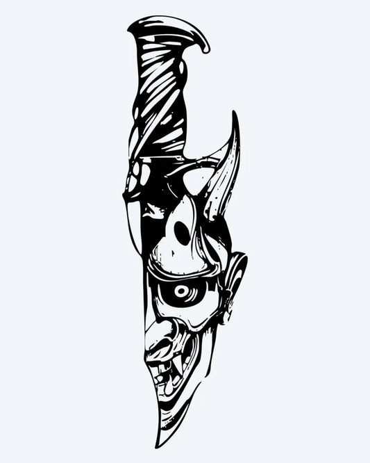Tatuaje semi-permanente Hannya y Cuchillo diseño de INKON – ilustración de japonés, hannya, máscara, fusionado, cuchillo, 4 x 8 in (11x21cm), disponible en inkon.co