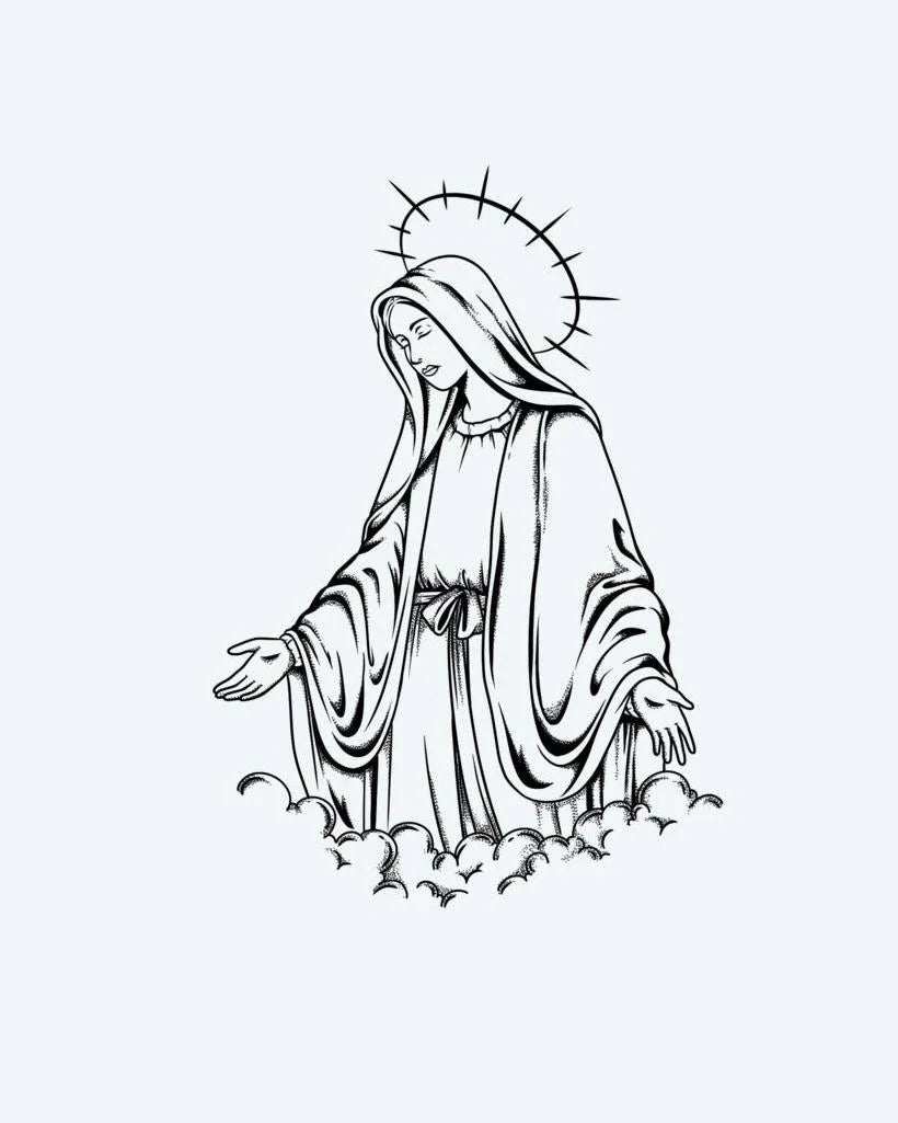 Tatuaje semi-permanente Santa Madre diseño de INKON – ilustración de fino, línea, blackwork, retrata, virgen, 4 x 7 in (10x17cm), disponible en inkon.co
