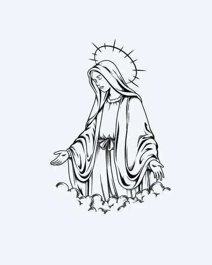 Tatuaje semi-permanente Santa Madre diseño de INKON – ilustración de fino, línea, blackwork, retrata, virgen, 4 x 7 in (10x17cm), disponible en inkon.co