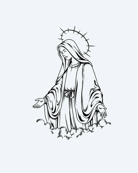 Tatuaje semi-permanente Santa Madre diseño de INKON – ilustración de fino, línea, blackwork, retrata, virgen, 4 x 7 in (10x17cm), disponible en inkon.co