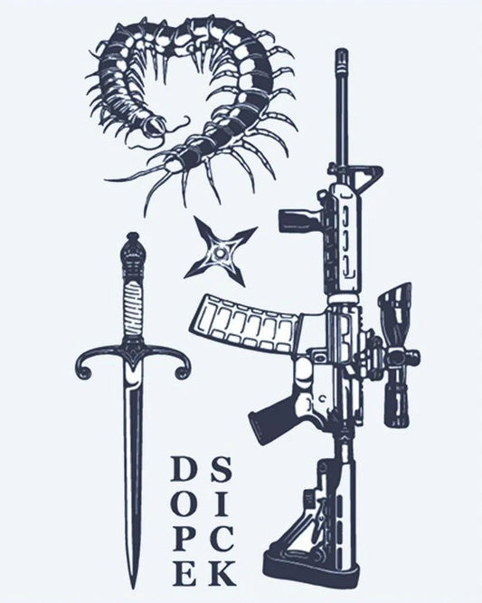 Tatuaje semi-permanente Flash Sheet de Armas y Ciempiés diseño de INKON – ilustración de flash, hoja, ciempiés, daga, rifle, 4 x 7 in (10x17cm), disponible en inkon.co