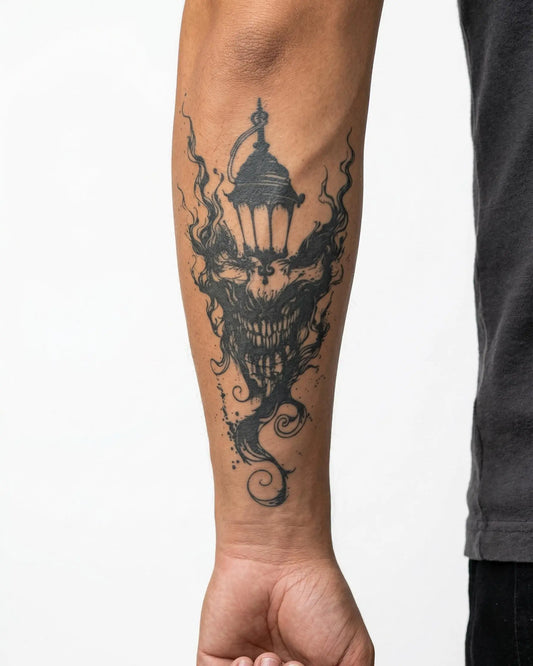 INKON Linterna del Demonio tatuaje semi-permanente aplicado en un hombre – diseño de 4 x 7 in (10x17cm), apariencia de tinta realista, dura 10 días
