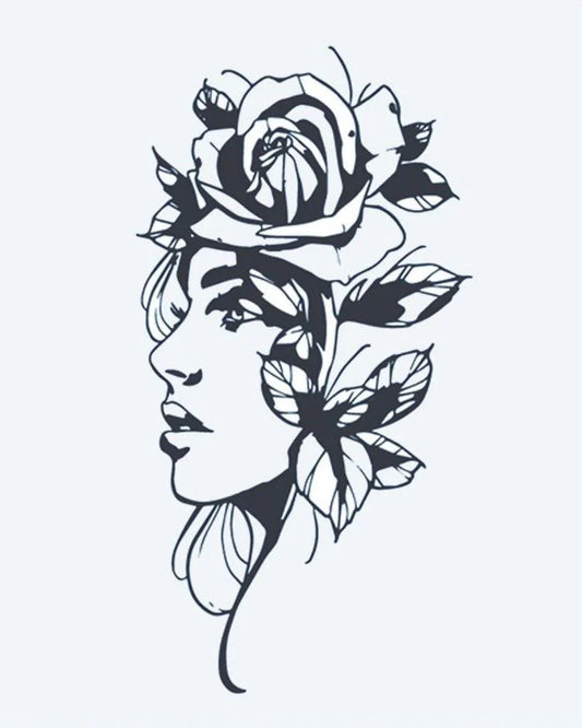 Tatuaje semi-permanente Retrato de Mujer y Rosa diseño de INKON – ilustración de silueta, mujer, perfil, grande, rosa, 4 x 7 in (10x17cm), disponible en inkon.co