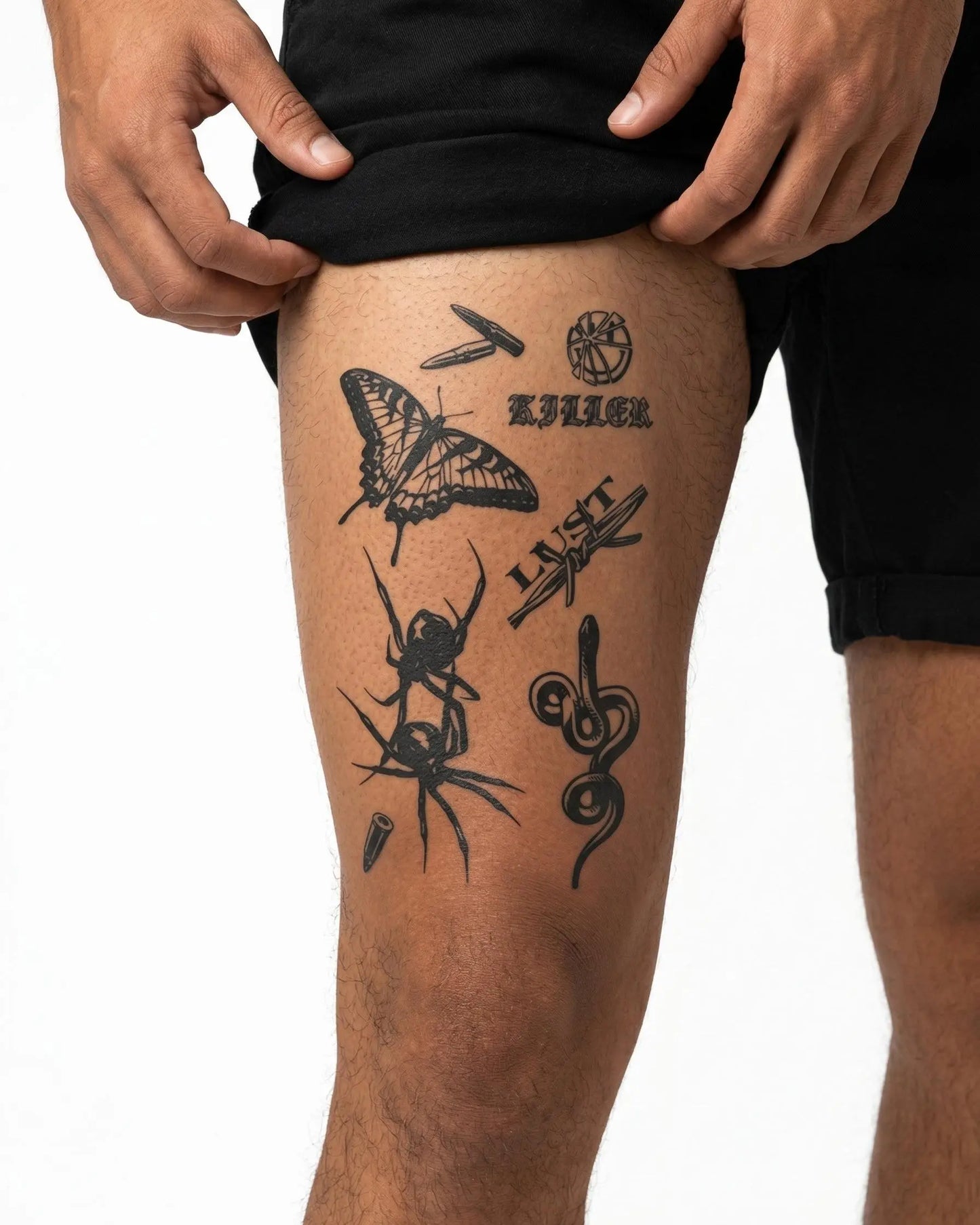 INKON Flash Sheet Oscuro tatuaje semi-permanente aplicado en un hombre – diseño de 4 x 7 in (10x17cm), apariencia de tinta realista, dura 10 días