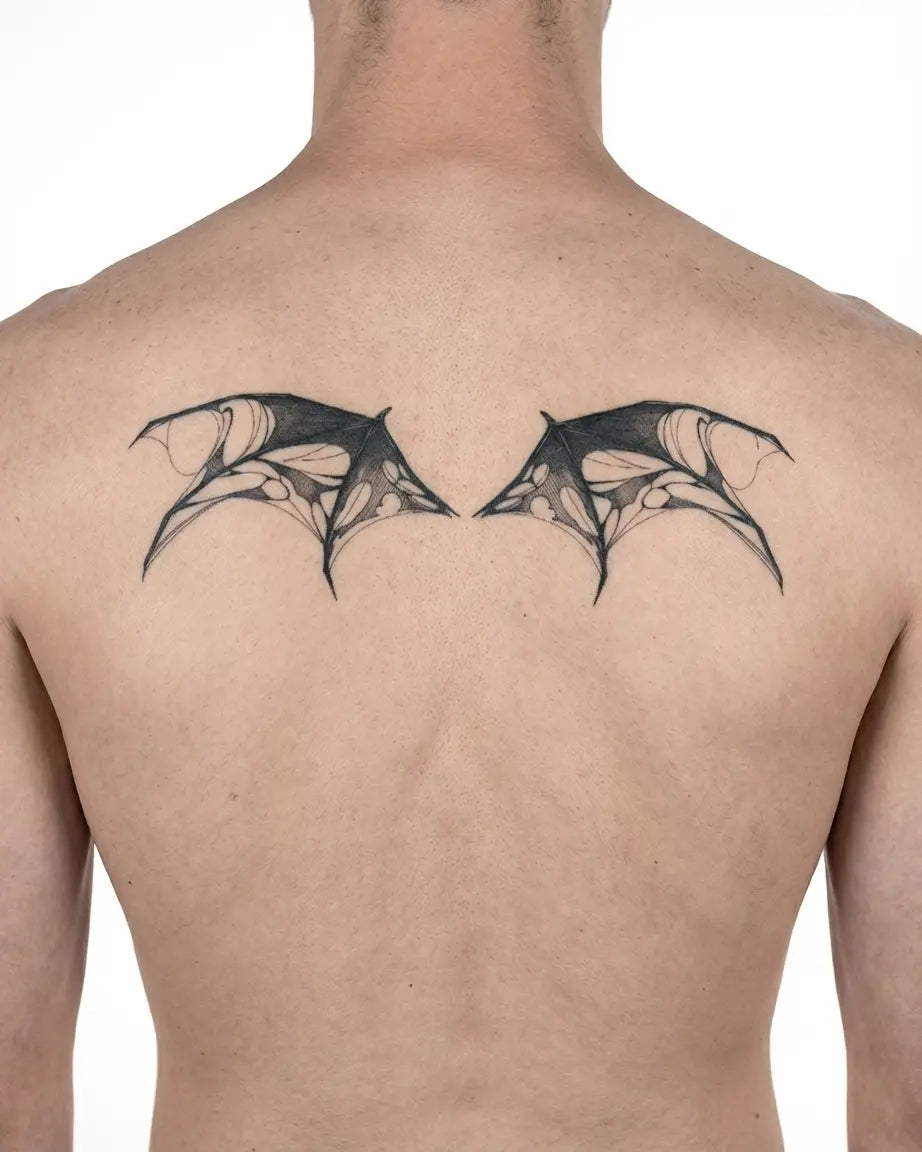 INKON Alas de Demonio Rasgadas tatuaje semi-permanente aplicado en un hombre – diseño de 4 x 8 in (11x21cm), apariencia de tinta realista, dura 10 días