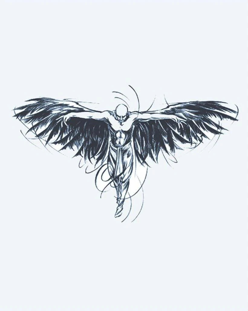Tatuaje semi-permanente Alas de Ángel Oscuro diseño de INKON – ilustración de musculoso, alado, figura, brazos, extendido, 4 x 7 in (10x17cm), disponible en inkon.co