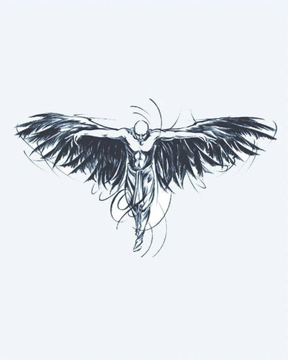 Tatuaje semi-permanente Alas de Ángel Oscuro diseño de INKON – ilustración de musculoso, alado, figura, brazos, extendido, 4 x 7 in (10x17cm), disponible en inkon.co