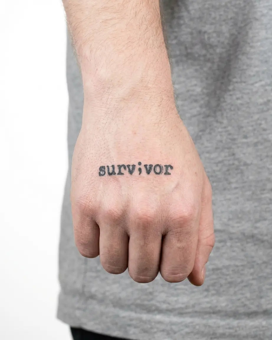 INKON Punto y Coma Sobreviviente tatuaje semi-permanente aplicado en un hombre – diseño de 2 x 2 in (5x5cm), apariencia de tinta realista, dura 10 días