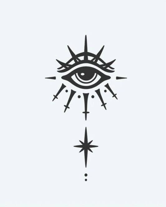 Tatuaje semi-permanente Ojo que Todo lo Ve y Estrella diseño de INKON – ilustración de místico, viendo, irradiando, púas, guiando, 3 x 4 in (6x11cm), disponible en inkon.co