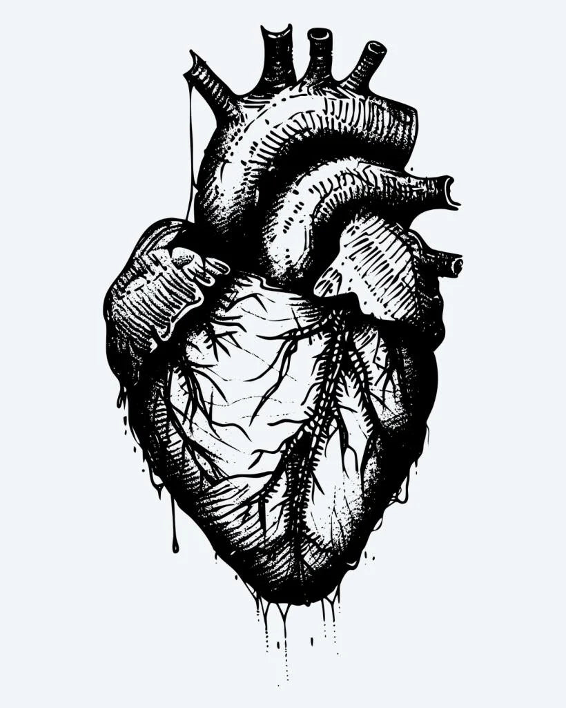 Tatuaje semi-permanente Corazón Anatómico diseño de INKON – ilustración de anatómico, humano, corazón, goteando, efecto, 4 x 4 in (9x9cm), disponible en inkon.co