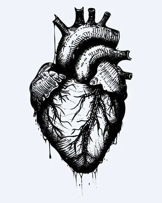 Tatuaje semi-permanente Corazón Anatómico diseño de INKON – ilustración de anatómico, humano, corazón, goteando, efecto, 4 x 4 in (9x9cm), disponible en inkon.co